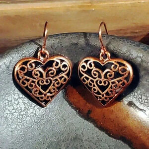 Edgy Rustic Antique Copper Modern Filigree Scroll Cutout Heart Earrings